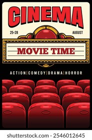 This vibrant poster showcases a classic cinema design featuring a marquee announcing movie time with genres displayed. It invites viewers to enjoy a cinematic experience.