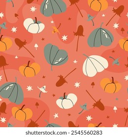 This vibrant pumpkin seamless pattern showcases playful designs in warm autumn colors, featuring pumpkins, leaves, and mushrooms, ideal for fabric, textile and wrapping paper, wallpaper, cover, card