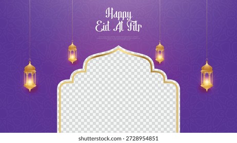 Esta vibrante Plantilla púrpura y dorada presenta un saludo festivo de Feliz Eid Al Fitr sobre un arco transparente adornado enmarcado por faroles Fanoos iluminados colgantes, perfecto para tarjetas de felicitación o anuncios en redes sociales.
