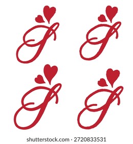 Este es un diseño de bordado rojo vibrante con una letra mayúscula estilizada 'J' en una fuente de escritura fluida. Por encima de la elegante cursiva 'J', se colocan dos corazones rojos distintos, uno Grande y otro Pequeño, agregando un acento dulce y romántico. El intrincado trabajo de hilo da la impresión de una pieza de arte textil meticulosamente elaborada. 