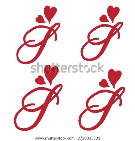 This is a vibrant red embroidery design featuring a stylized capital letter 'J' in a fluid script font. Above the elegant cursive 'J', two distinct red hearts are placed, one larger and one smaller, adding a sweet and romantic accent. The intricate thread work gives the impression of a meticulously crafted textile art piece. 