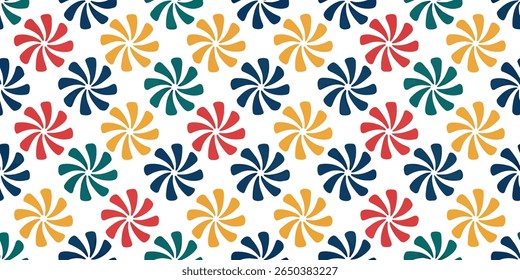 This vibrant repeating pattern features abstract pinwheel flower shapes in bold red, navy blue, teal green, and golden yellow, creating a cheerful and dynamic visual.