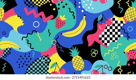 Esta vibrante ilustración retro cuenta con una divertida mezcla de Formas geométricas y varias frutas como plátanos, cerezas, fresas y piñas. El colorido diseño evoca un ambiente divertido y enérgico