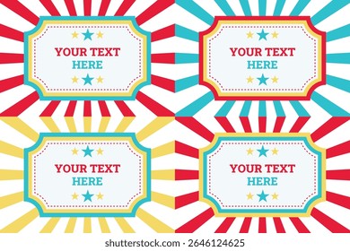 This vibrant, retro-style graphic features a repeating pattern of circus ticket-like placeholders.