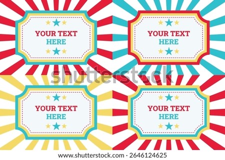 This vibrant, retro-style graphic features a repeating pattern of circus ticket-like placeholders.