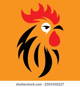 This vibrant rooster logo features a fiery red comb. The design is both striking and minimalist, capturing the essence of a rooster with clean lines and vivid colors.