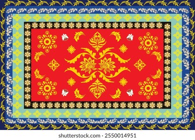 This vibrant rug features a red background with intricate golden floral patterns, symmetrical yellow accents, decorative white butterflies, and layered borders in blue, black, and gold