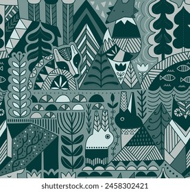 This vibrant seamless pattern captures the playful spirit of Scandinavian animals, with reindeer, foxes, owls, and moose frolicking amidst stylized trees and delicate floral elements. Vector image.