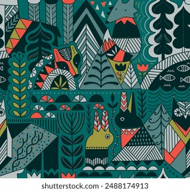 This vibrant seamless pattern captures the playful spirit of Scandinavian animals, with reindeer, foxes, owls, and moose frolicking amidst stylized trees and delicate floral elements. Vector image.