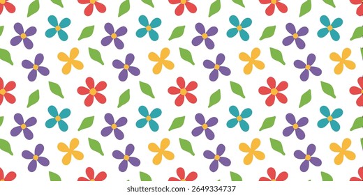 This vibrant seamless pattern features stylized flowers in red, purple, teal, and yellow, interspersed with simple green leaves against a clean white backdrop.