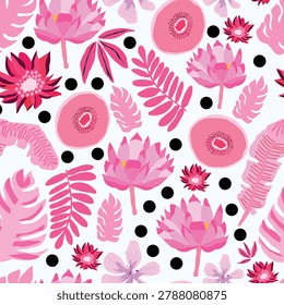 This vibrant seamless pattern features an intricate layout of bright pink tropical lotus blossoms, pink sliced kiwi rounds, textured banana fronds, and fan palm leaves scattered over a clean white background. The dense botanical elements are playfully interspersed with solid black polka dots that add a modern, high contrast touch to the design. It is a fantastic choice for trendy resort apparel, feminine summer swimwear, bold packaging designs, and statement wallpaper prints. The style is a lively graphic illustration that beautifully combines lush botanical artwork with geometric polka dots for a contemporary maximalist aesthetic.