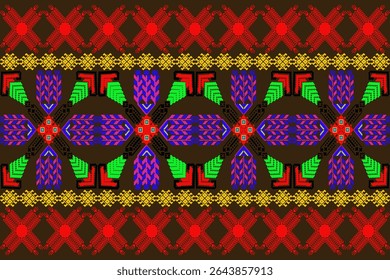 This vibrant seamless pattern is inspired by traditional Phrae Wa fabric from northeastern Thailand, reimagined in a geometric pixel art style. Featuring symmetrical motifs in bold colors such as red,