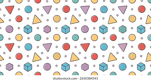 This vibrant seamless pattern showcases a collection of stylized geometric shapes including triangles circles and cubes in a variety of bright colors.
