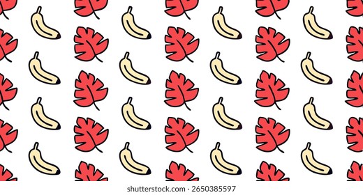 This vibrant, seamless pattern showcases a playful arrangement of stylized yellow bananas and red monstera leaves, creating a tropical and energetic visual.