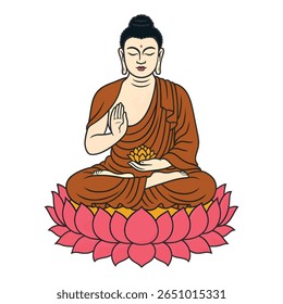 Esta ilustração vibrante e serena retrata Buda em uma postura meditativa tranquila, graciosamente sentado sobre uma linda flor de lótus rosa. 