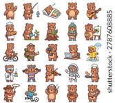This vibrant set of 25 vector icons illustrates a charming brown bear character engaging in a wide array of human-like activities and professions. From playing the guitar and painting on a canvas to exploring space as an astronaut or working in a laboratory, these high-quality illustrations are perfect for children