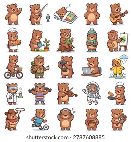 This vibrant set of 25 vector icons illustrates a charming brown bear character engaging in a wide array of human-like activities and professions. From playing the guitar and painting on a canvas to exploring space as an astronaut or working in a laboratory, these high-quality illustrations are perfect for children's educational materials, stickers, and storytelling. Each bear is designed with soft lines and expressive features, making them ideal for friendly branding or creative projects.