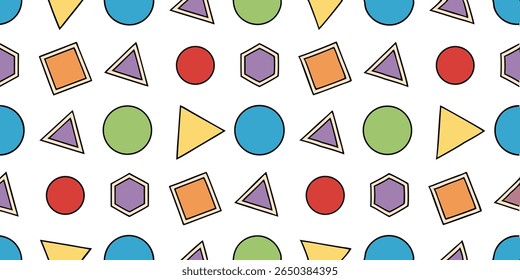 This vibrant and simple pattern features a repeating arrangement of basic geometric shapes in various bright colors, creating a cheerful and clean visual.