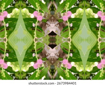 This vibrant and symmetrical digital art piece showcases a kaleidoscope pattern created from close-up elements of a Mimosa plant, featuring its distinctive pink, fluffy flowers. The repeating design