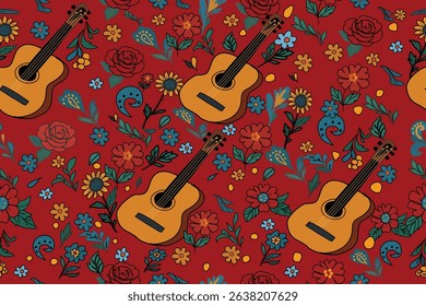 This vibrant textile design bursts with the joyous energy of Spanish culture, featuring golden flamenco guitars surrounded by blooming florals in bold reds, sunny yellows, and cool blues. Inspired by 