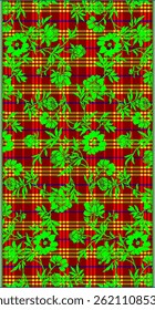 This vibrant textile design features a striking combination of bold floral motifs and a classic plaid pattern. Large, stylized green flowers with detailed foliage.