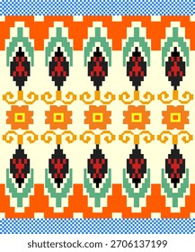This is a vibrant Thai-style pixel geometric floral pattern, inspired by traditional textile motifs. Designed in a modern pixel-art style using Affinity Designer, bright colors,symmetrical shapes.