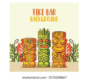 This vibrant tiki bar background features intricately designed tiki statues complemented by an array of colorful tiki masks, all set against a lush backdrop of palm leaves