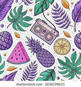 This vibrant and trendy vector showcases a hand-drawn, colorful tropical seamless pattern. Featuring a retro boombox alongside exotic fruits like pineapple, watermelon, and orange, plus lush.