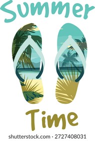 Esta vibrante ilustración tropical presenta un par de chanclas decoradas con una escena de playa soleada, palmeras y olas del océano, junto con el alegre texto “Hora de verano”. Perfecta para diseños de ropa de verano, gráficas de ropa de playa, camisetas, chanclas, carteles y promociones temáticas de vacaciones, la obra de arte captura un ambiente costero relajado ideal para estilos de vida de Clima cálido.