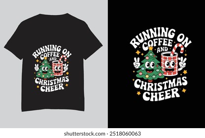 This vibrant t-shirt design features the playful phrase “Running on Coffee and Christmas Cheer” in a festive font. 