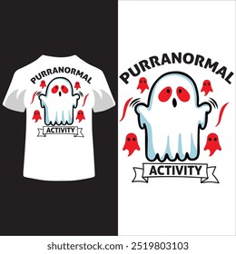 This vibrant T-shirt design features a playful, cartoonish version of Shot Deskison as a friendly ghost. He floats above a cluttered desk filled with Halloween treats, tiny pumpkins, and cobwebs