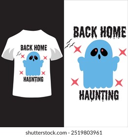This vibrant T-shirt design features a playful, cartoonish version of Shot Deskison as a friendly ghost. He floats above a cluttered desk filled with Halloween treats, tiny pumpkins, and cobwebs