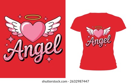 This vibrant t-shirt design features a charming pink heart with angel wings and a golden halo, paired with the word “Angel” in a playful, polka-dotted script. Perfect for girly, cute, and trendy fashi