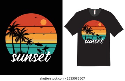  This vibrant t-shirt features a stunning sunset scene that captures the serene beauty of twilight. The design showcases a gradient of warm colors, 