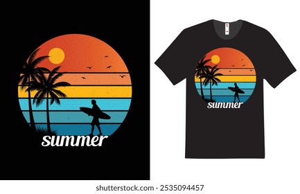 This vibrant t-shirt features a stunning sunset scene that captures the serene beauty of twilight. The design showcases a gradient of warm colors, 