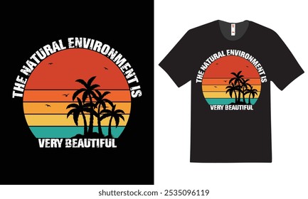 This vibrant t-shirt features a stunning sunset scene that captures the serene beauty of twilight. The design showcases a gradient of warm colors, 