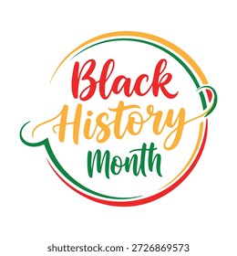 Dieses lebendige typografische Design feiert den Black History Month mit elegantem Drehbuch in Rot, Gelb und Grün. Die Vektorgrafik zeigt den Text in einem stilisierten kreisförmigen Rahmen, der Einheit und Erbe darstellt. Es ist ideal für Präsentationen im Bildungsbereich, Sensibilisierungskampagnen in den sozialen Medien und Werbeaktionen für Gemeinschaftsveranstaltungen.