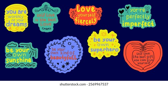 This vibrant vector artwork features a positive, empowering design. Bold colors and hand-drawn elements showcase the theme of self-love and personal growth, creating a joyful, uplifting atmosphere.