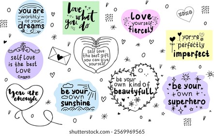 This vibrant vector artwork features a positive, empowering design. Bold colors and hand-drawn elements showcase the theme of self-love and personal growth, creating a joyful, uplifting atmosphere