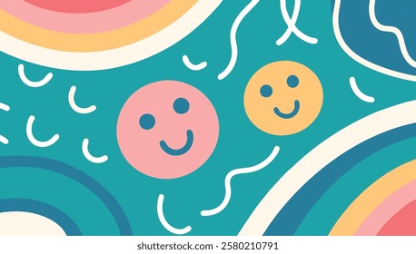 This vibrant vector background features playful smiling faces and flowing abstract shapes, ideal for design projects focused on positivity and joy