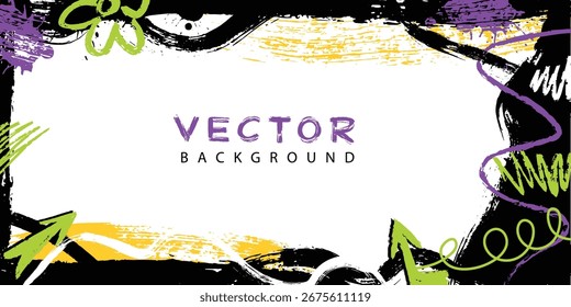 This vibrant vector background features a white center surrounded by expressive brush strokes in purple green yellow and black hues ideal for various creative applications.