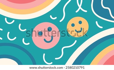 This vibrant vector background features playful smiling faces and flowing abstract shapes, ideal for design projects focused on positivity and joy