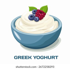 Este vetor vibrante retrata iogurte grego cremoso servido em uma tigela azul. Coberto com mirtilos frescos e framboesas, o prato é uma escolha convidativa de lanche ou café da manhã, ideal para um estilo de vida saudável