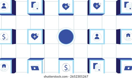 Este design de vetor vibrante apresenta um ícone limpo e moderno com elementos azuis e brancos. Inclui símbolos para perfis de usuário, documentos, cheques em forma de coração, cifrões e muito mais