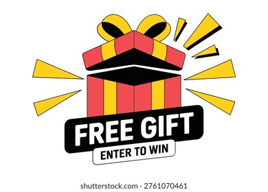 This vibrant vector graphic illustration features a bright red and yellow open gift box with radiating yellow lines and bold text stating 