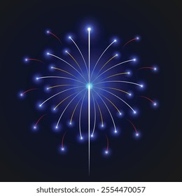 This vibrant vector illustration of a blue fireworks display with glowing sparks radiating against a night background is perfect for holiday celebrations, New Year's Eve parties, and festival designs.