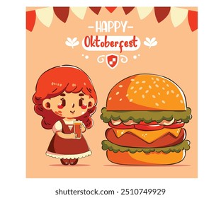 This vibrant vector illustration captures the spirit of the Oktoberfest Beer Festival, featuring a cheerful girl dressed in traditional attire, joyfully holding a frothy beer and a delicious burger