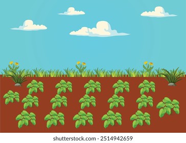 This vibrant vector illustration captures the essence of a bountiful vegetable garden under a clear blue sky. Perfect for projects related to gardening, agriculture, and sustainable living