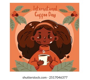 Esta vibrante ilustração vetorial captura a essência do Dia Mundial do Café, apresentando uma celebração festiva dedicada aos amantes do café em todo o mundo