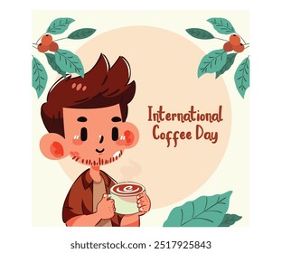 Diese lebendige Vektorgrafik feiert den Internationalen Kaffeetag und fängt das Wesen der Kaffeekultur mit künstlerischem Flair ein